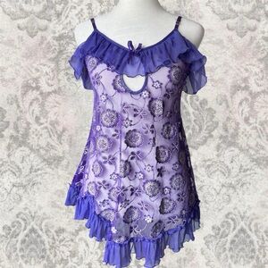 Purple Floral Sheer Ruffle Y2K 2000s Mesh Slip Summer Women’s Small Cami